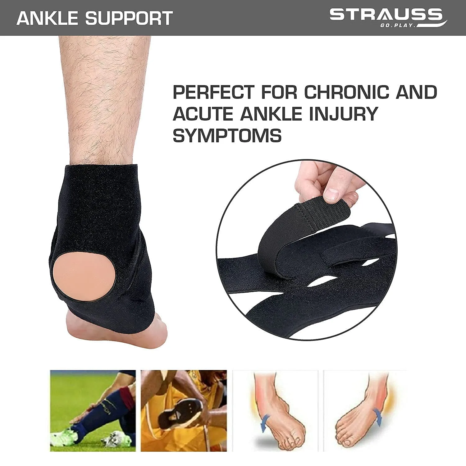 STRAUSS Ankle Support Brace|Adjustable, Breathable, and Durable |Ankle Support for Pain Relief | Perfect Support for Chronic Injury Symptoms, Recovery, and Sports | Provides Stability,(Black)