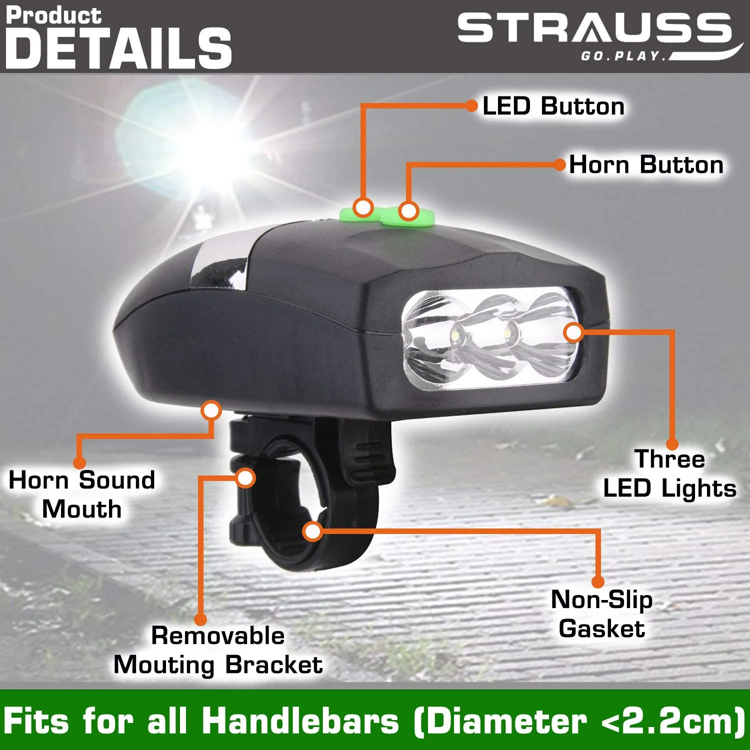 Strauss Bicycle LED Headlight with Horn and Bicycle Bottle Holder (Black)