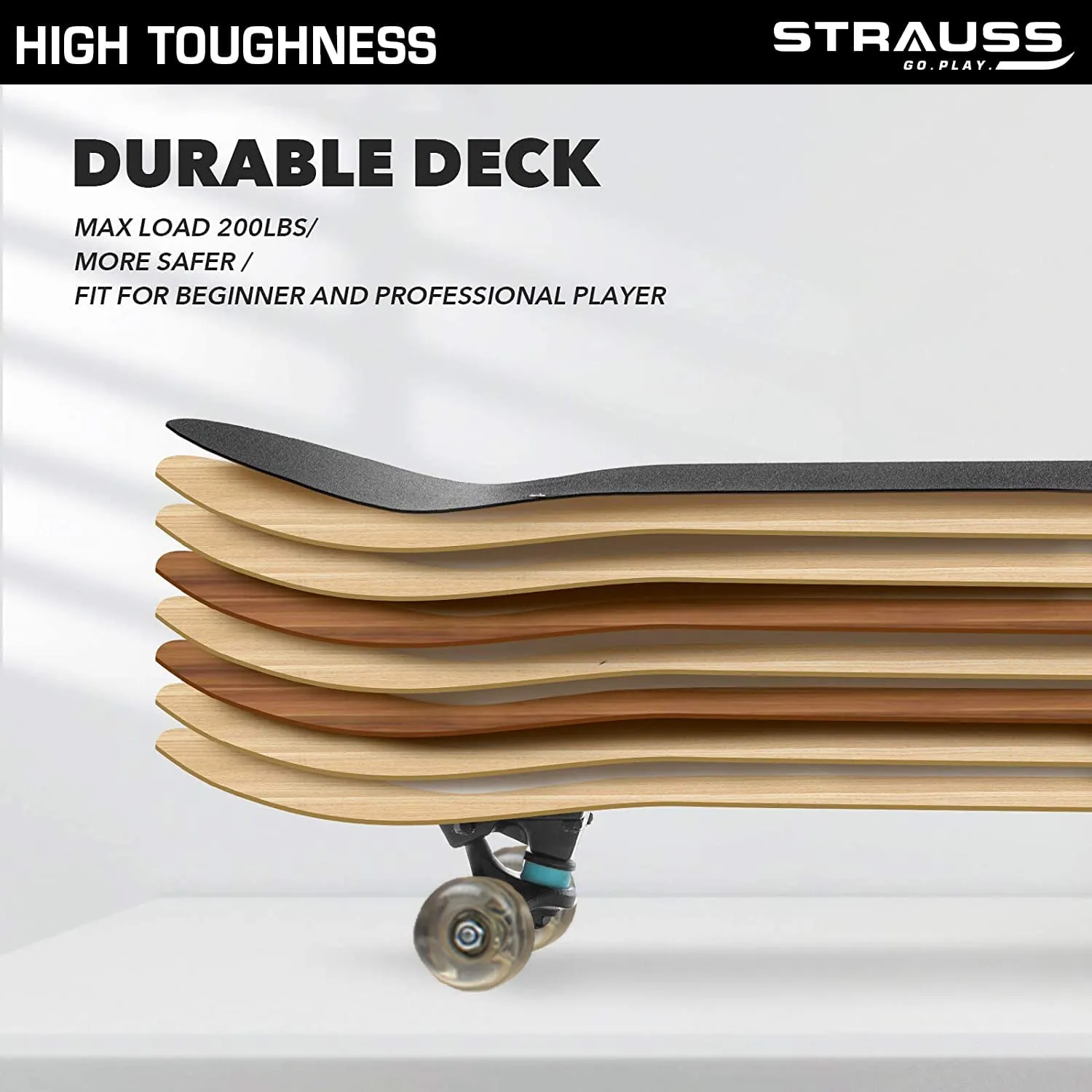 Strauss Bronx KD Lightweight Skateboard with Unique Graphics| 8 Layer Maple Deck with High Density & Non-Slip Waterproof Grip Tape PU Wheels | Suitable for Kids, Age (5-9 Years)