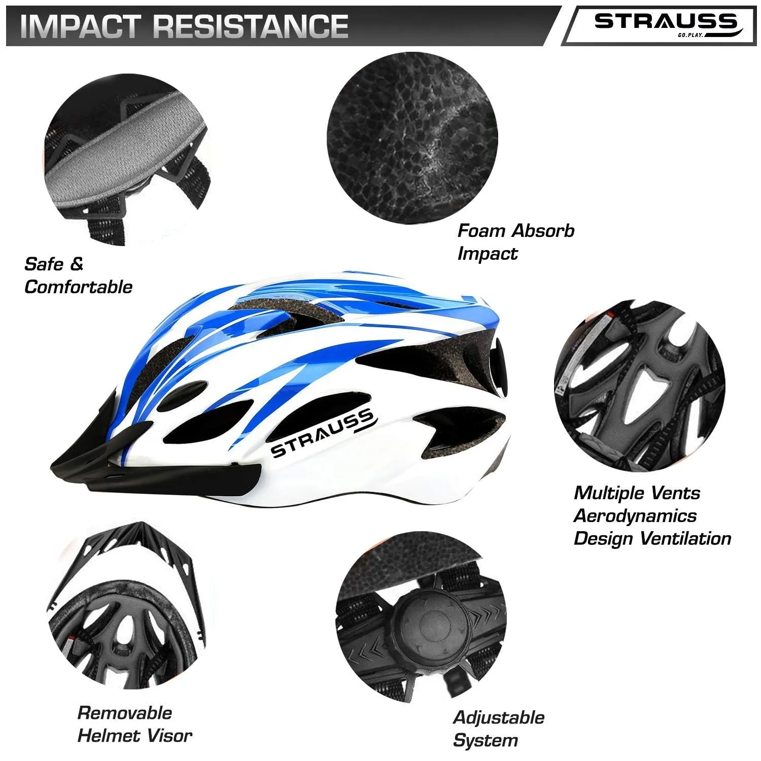 Strauss Cycling Helmet, (White/Blue) with Offroad Bike Goggles, (Black)