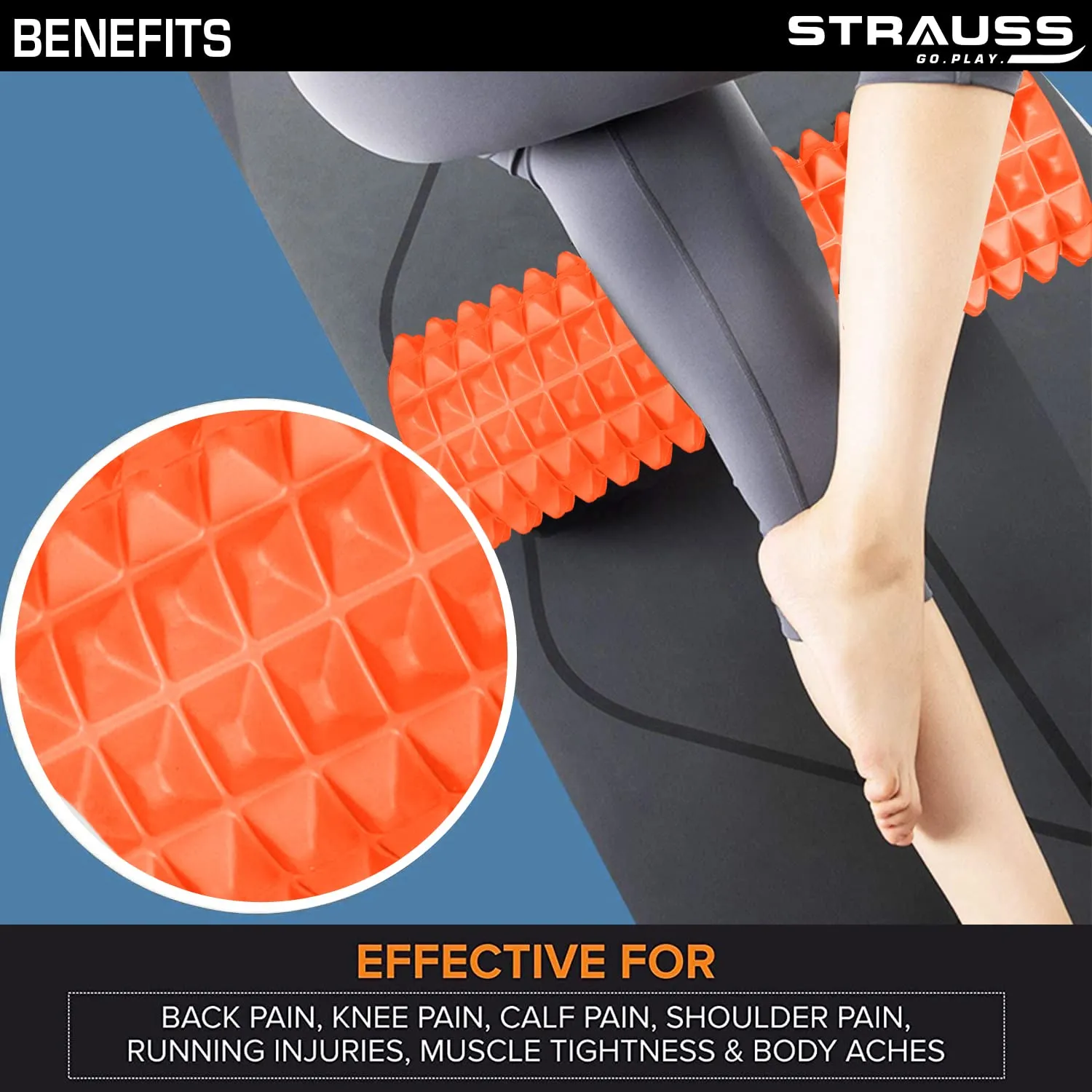 Strauss Grid Foam Roller | Eco-Friendly Spikes Foam Roller | Premium Eva Foam | Light Weight & Travel-Friendly Foam Roller for Relieve Muscle Tightness, Soreness & Inflammation,33 CM (Orange)