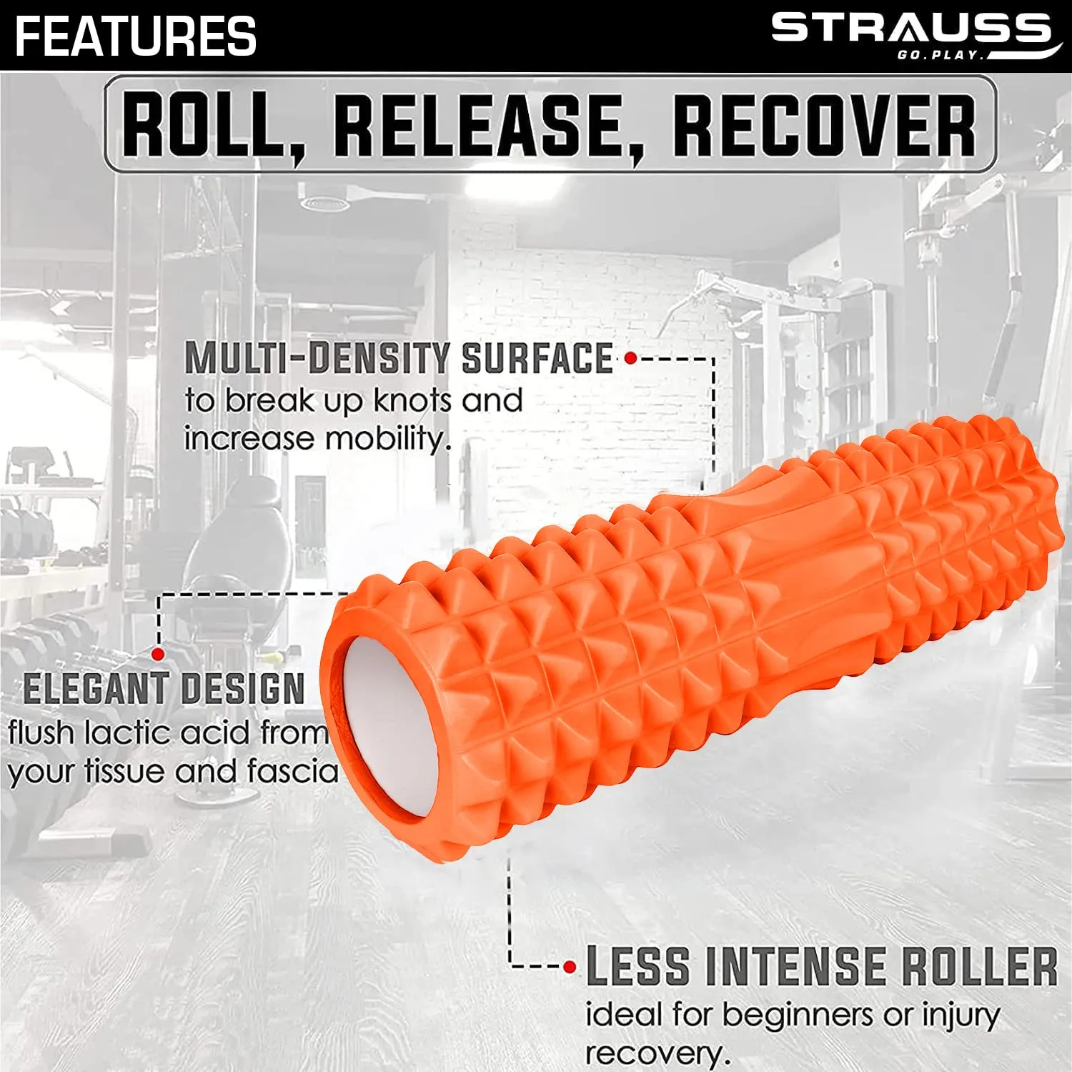 Strauss Grid Foam Roller | Eco-Friendly Spikes Foam Roller | Premium Eva Foam | Light Weight & Travel-Friendly Foam Roller for Relieve Muscle Tightness, Soreness & Inflammation,33 CM (Orange)