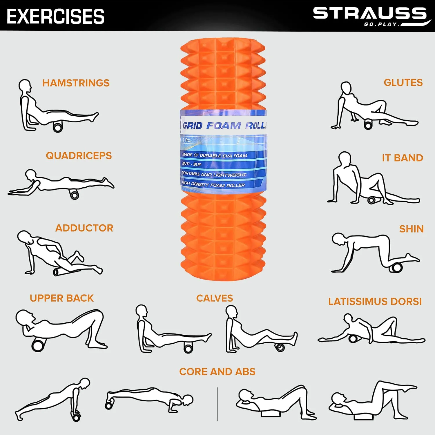 Strauss Grid Foam Roller | Eco-Friendly Spikes Foam Roller | Premium Eva Foam | Light Weight & Travel-Friendly Foam Roller for Relieve Muscle Tightness, Soreness & Inflammation,33 CM (Orange)