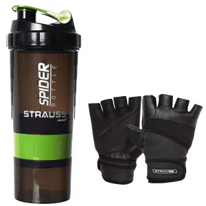 Strauss Spider Shaker Bottle 500ml, (Green) and Leather Gym Gloves With Wrist Wrap (Medium)