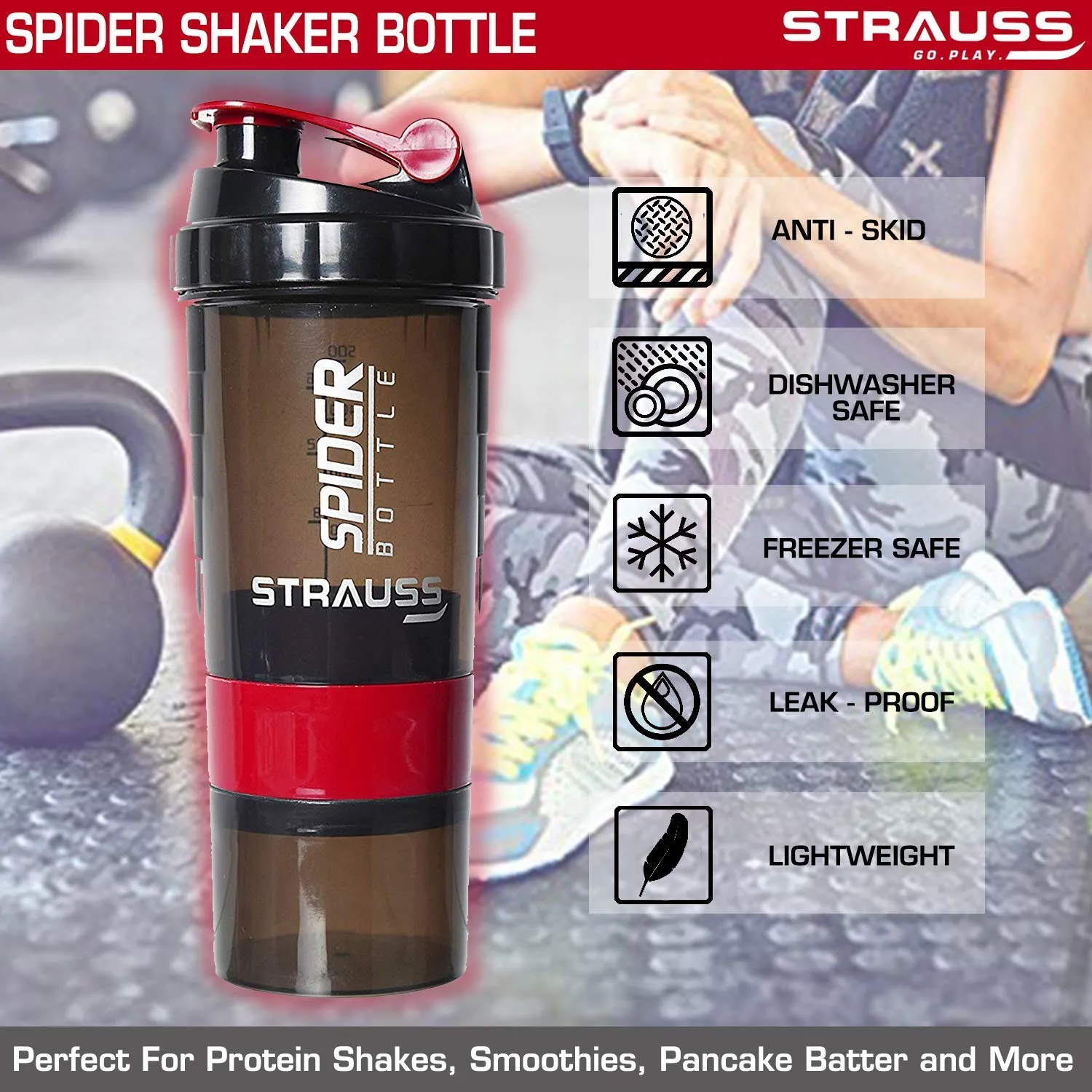 Strauss Spider Shaker Bottle 500ml,(Red) and Stretch-Back Gym Gloves with Leather Palm, (Medium)