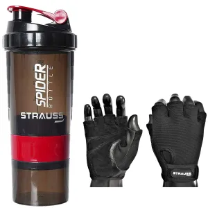 Strauss Spider Shaker Bottle 500ml,(Red) and Stretch-Back Gym Gloves with Leather Palm, (Medium)