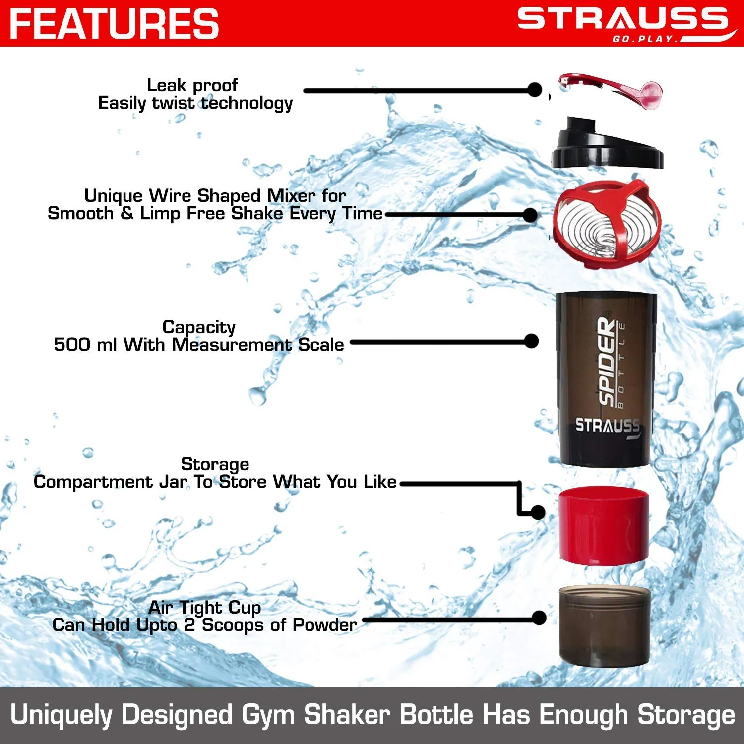 Strauss Spider Shaker Bottle 500ml,(Red) and Stretch-Back Gym Gloves with Leather Palm, (Medium)