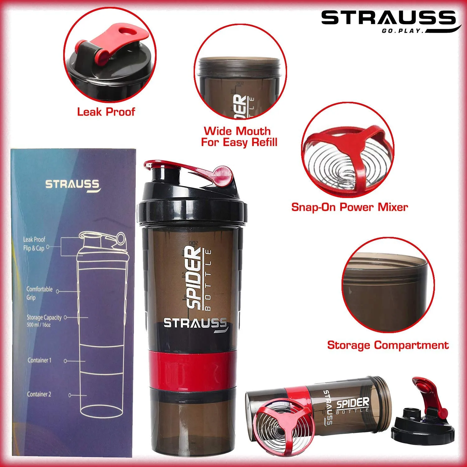 Strauss Spider Shaker Bottle 500ml,(Red) and Stretch-Back Gym Gloves with Leather Palm, (Medium)