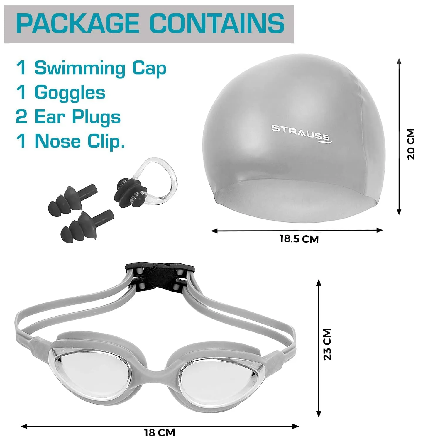 Strauss Swimming Kit (Silicone cap|Swimming Goggle|Earplugs|Noseplug) (Grey) (Pack of 2)