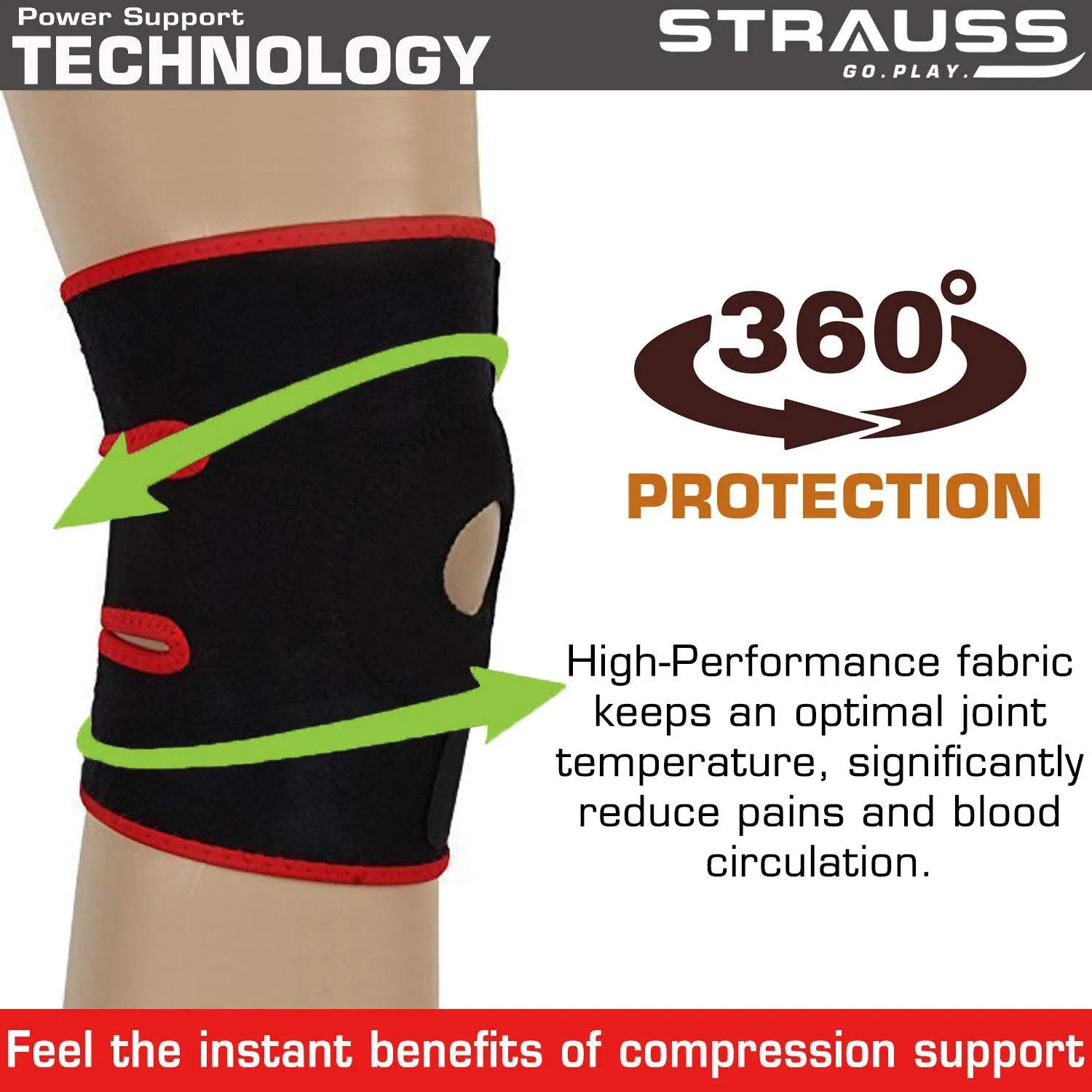 Strauss Wrist Support Pair (Free Size, Black) with Knee Support Patella