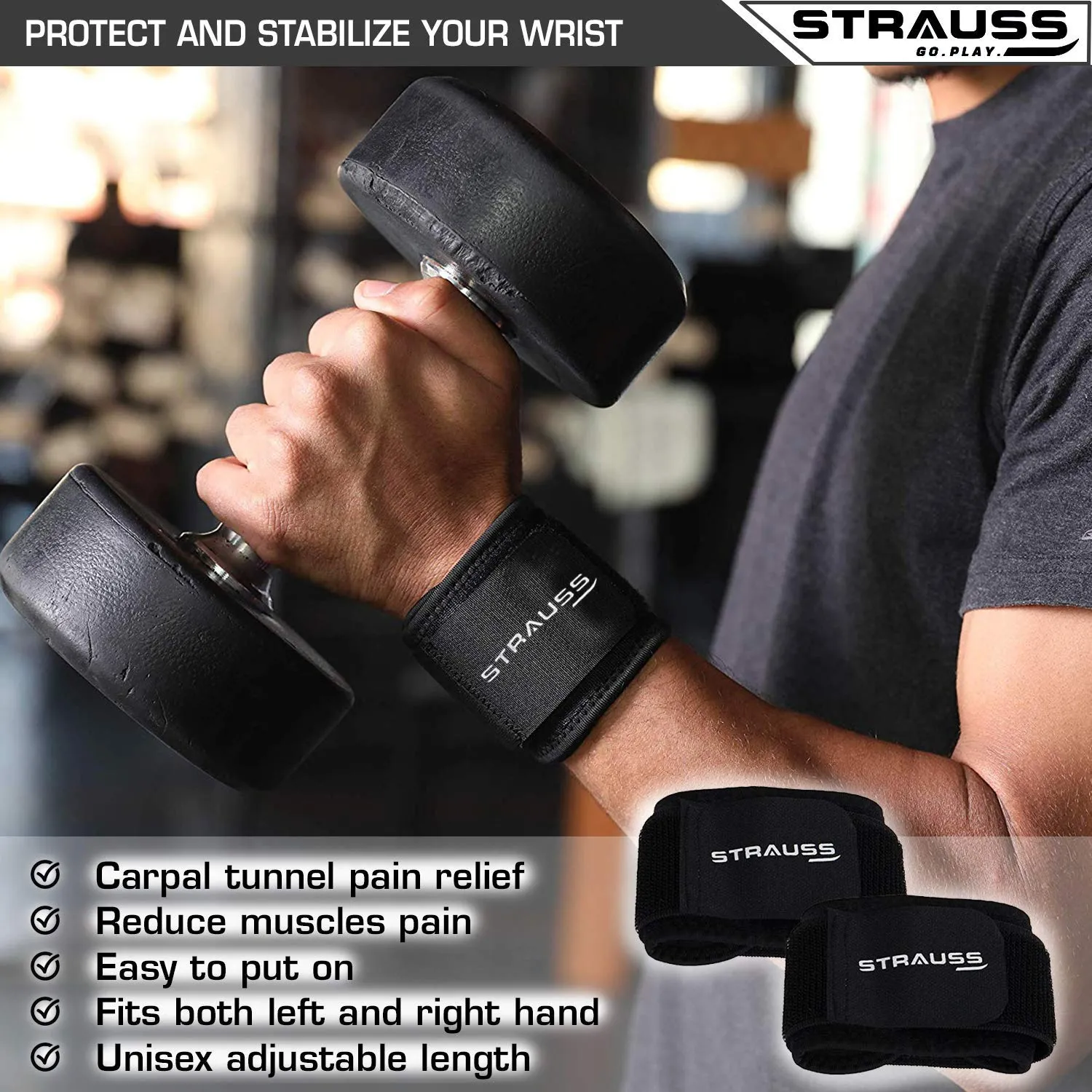 Strauss Wrist Support Pair (Free Size, Black) with Knee Support Patella