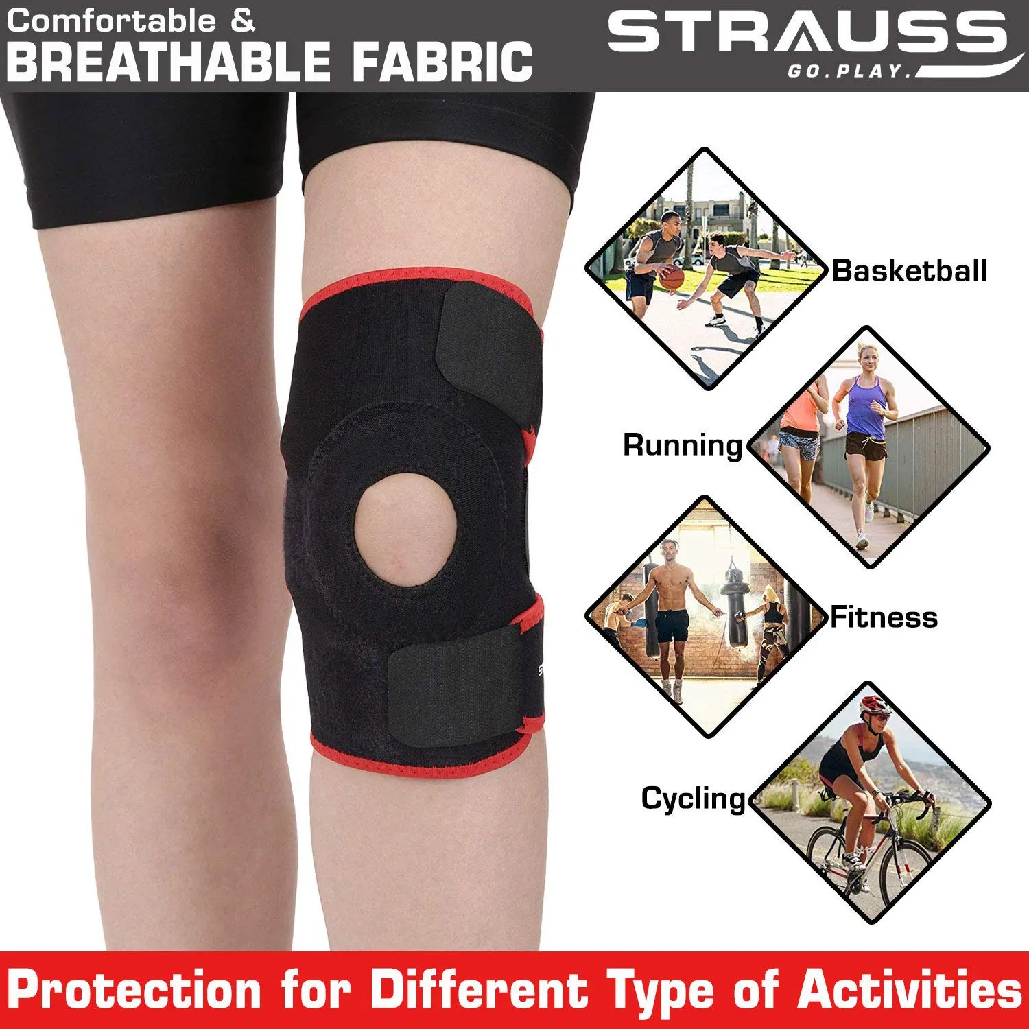 Strauss Wrist Support Pair (Free Size, Black) with Knee Support Patella