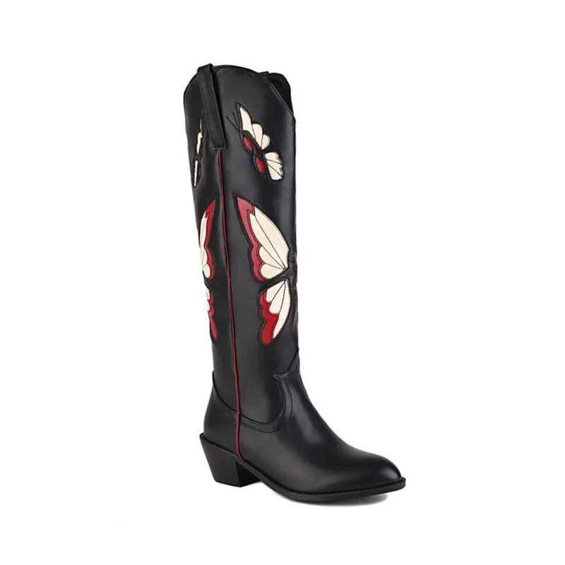 TAVIMART  -  Big Size 34-46 Butterfly Embroider Women's Knee High Boots Pointed Toe Crude Heel Ladies Boots Rome Botas Plataforma Mujer 2024