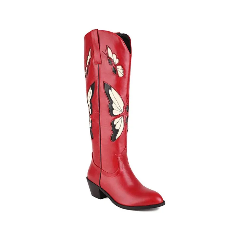 TAVIMART  -  Big Size 34-46 Butterfly Embroider Women's Knee High Boots Pointed Toe Crude Heel Ladies Boots Rome Botas Plataforma Mujer 2024