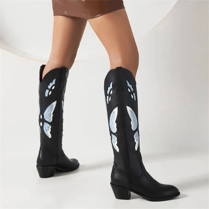 TAVIMART  -  Big Size 34-46 Butterfly Embroider Women's Knee High Boots Pointed Toe Crude Heel Ladies Boots Rome Botas Plataforma Mujer 2024