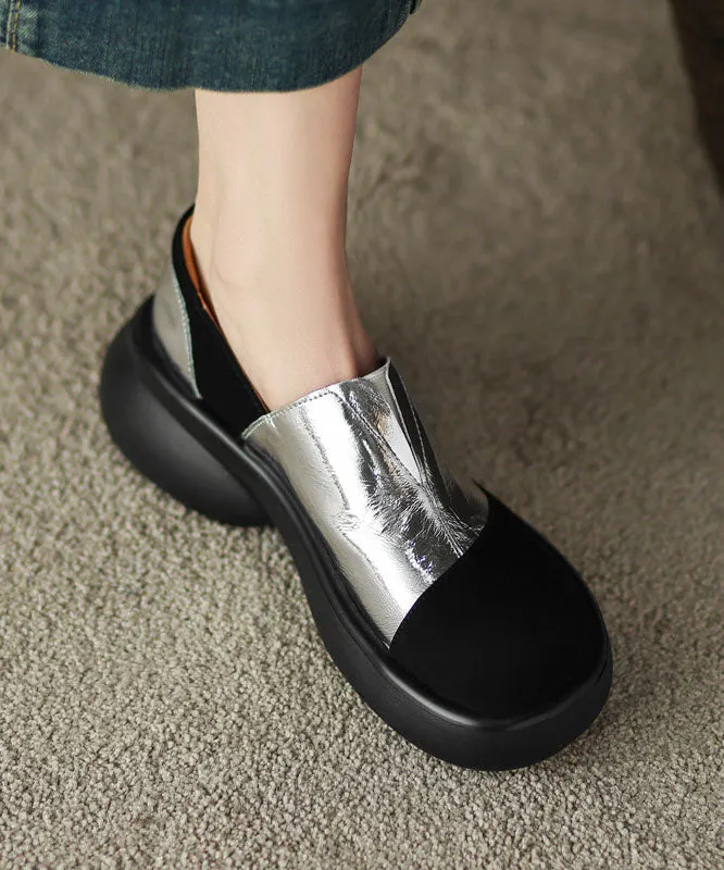 Vintage Splicing Platform Flat Shoes For Women Silver Faux Leather