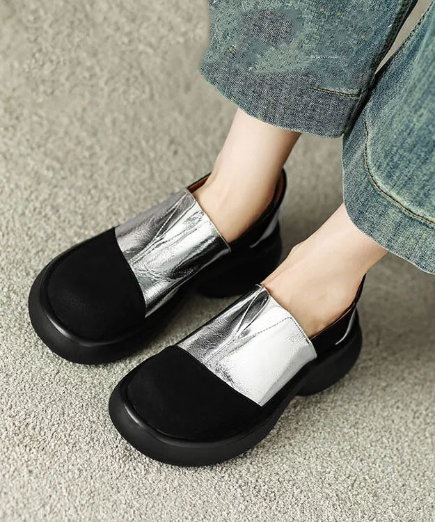 Vintage Splicing Platform Flat Shoes For Women Silver Faux Leather