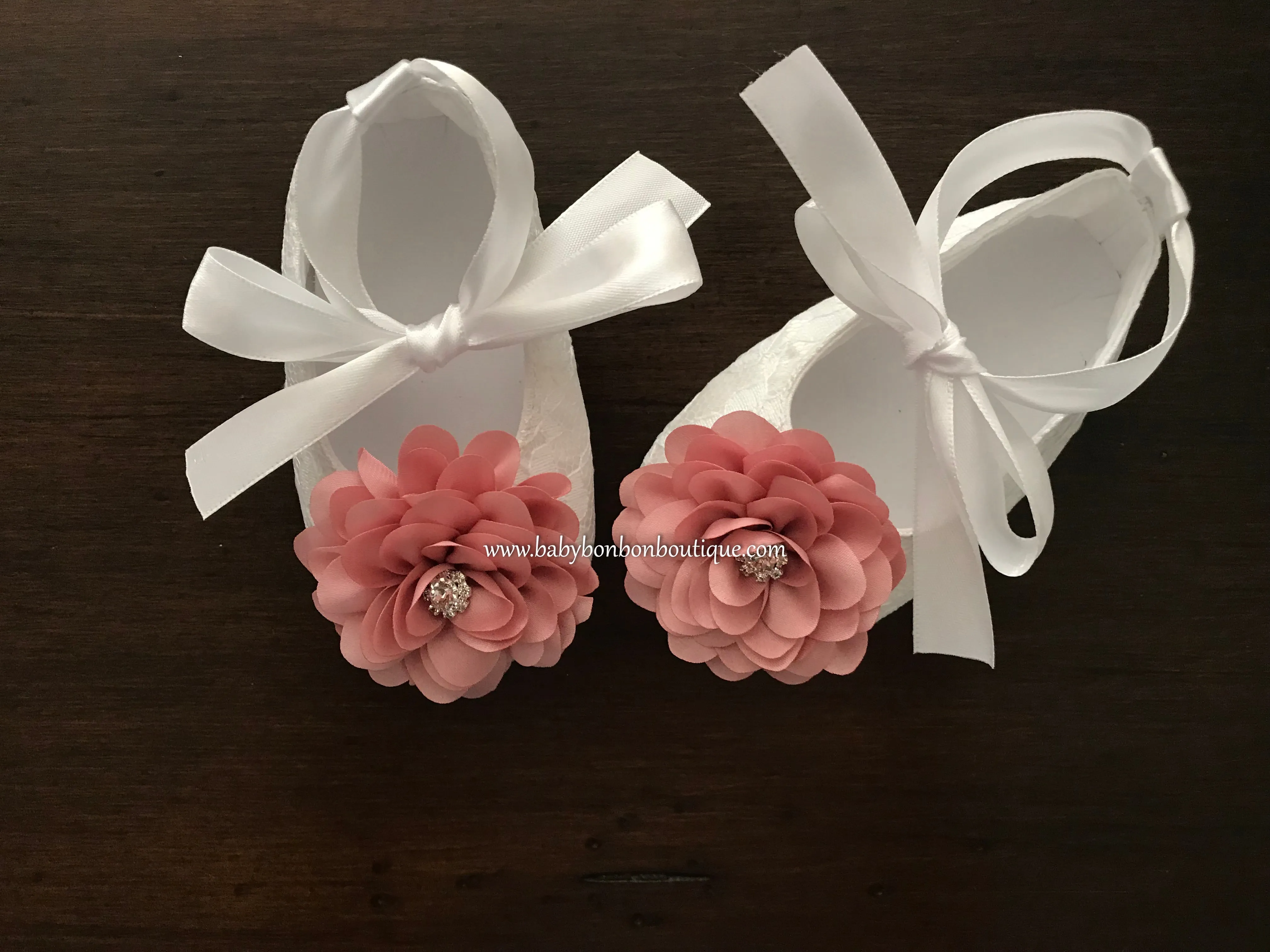 White Baby Girl Baptism Shoes with Dusty Rose Flowers