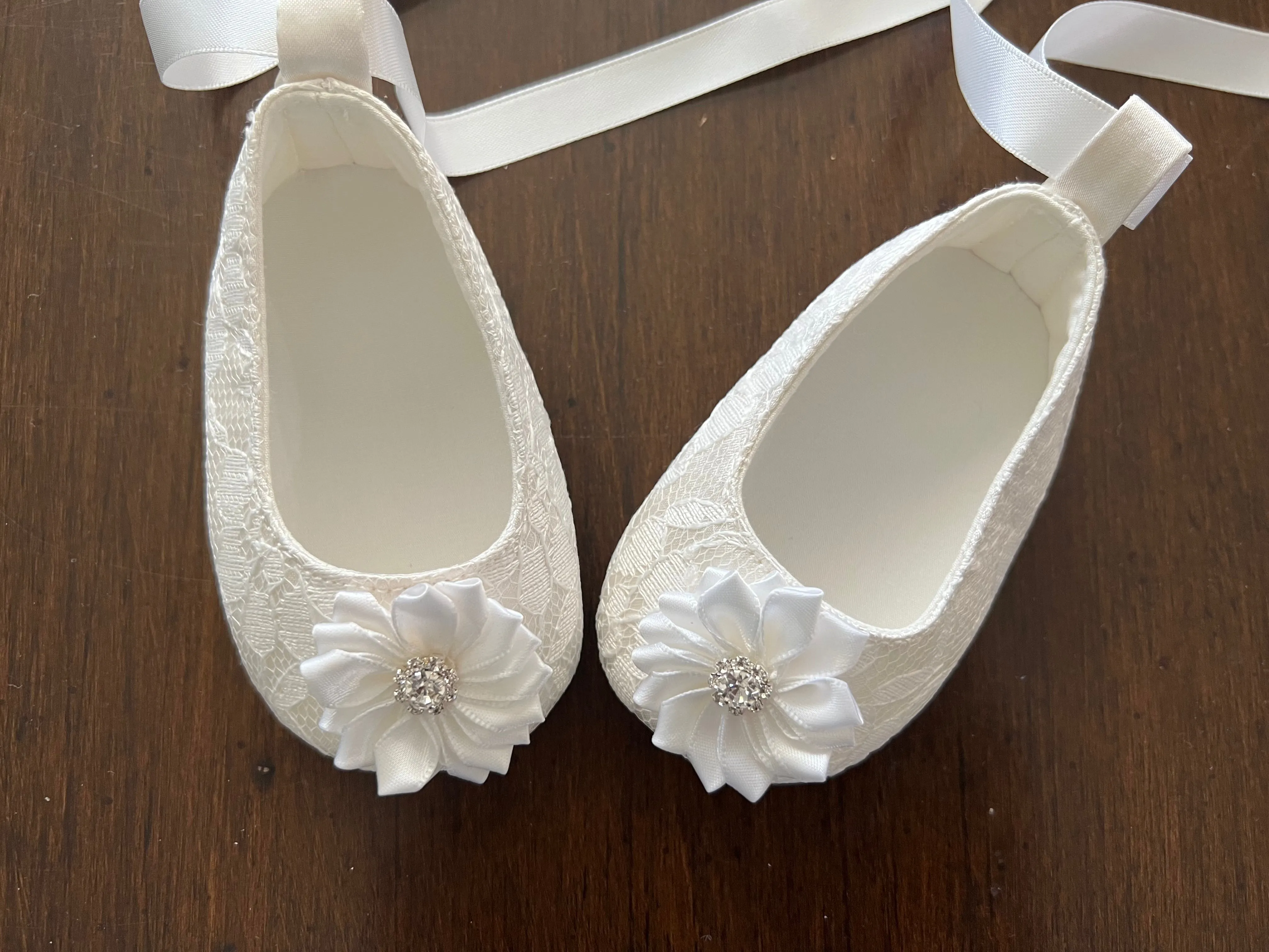 White Baptism Shoes with Flowers and Rhinestones