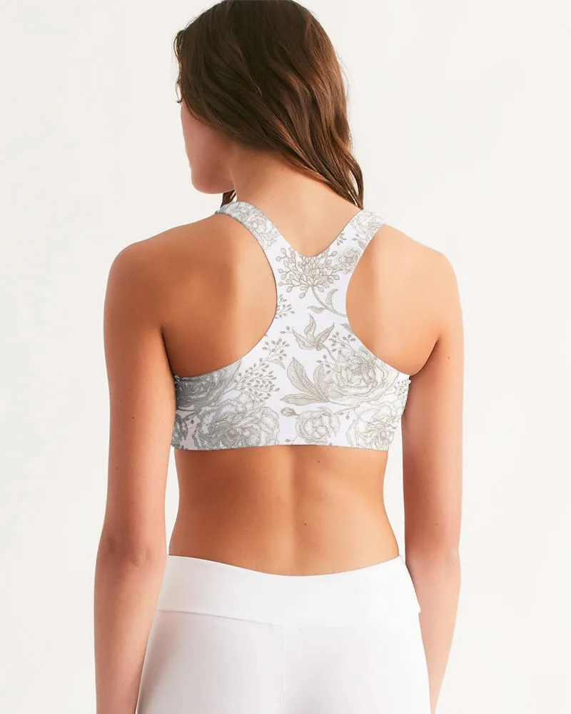 White Etched Floral Women's Seamless Sports Bra