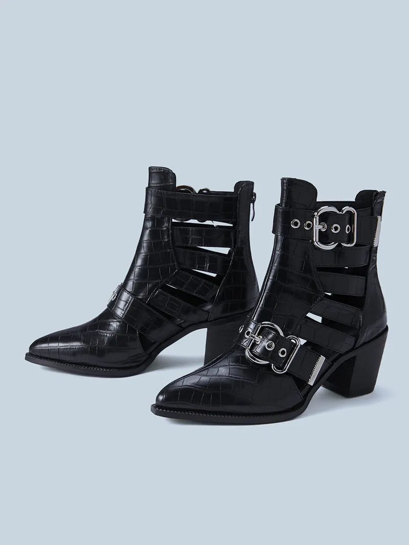 Women ankle boots | Buckle strap pointed toe chunky heel boots | Embossed black boots