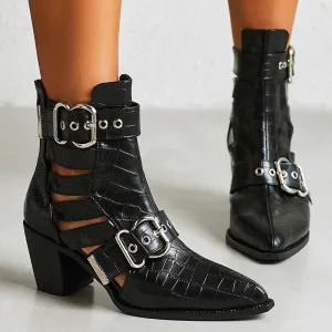 Women ankle boots | Buckle strap pointed toe chunky heel boots | Embossed black boots