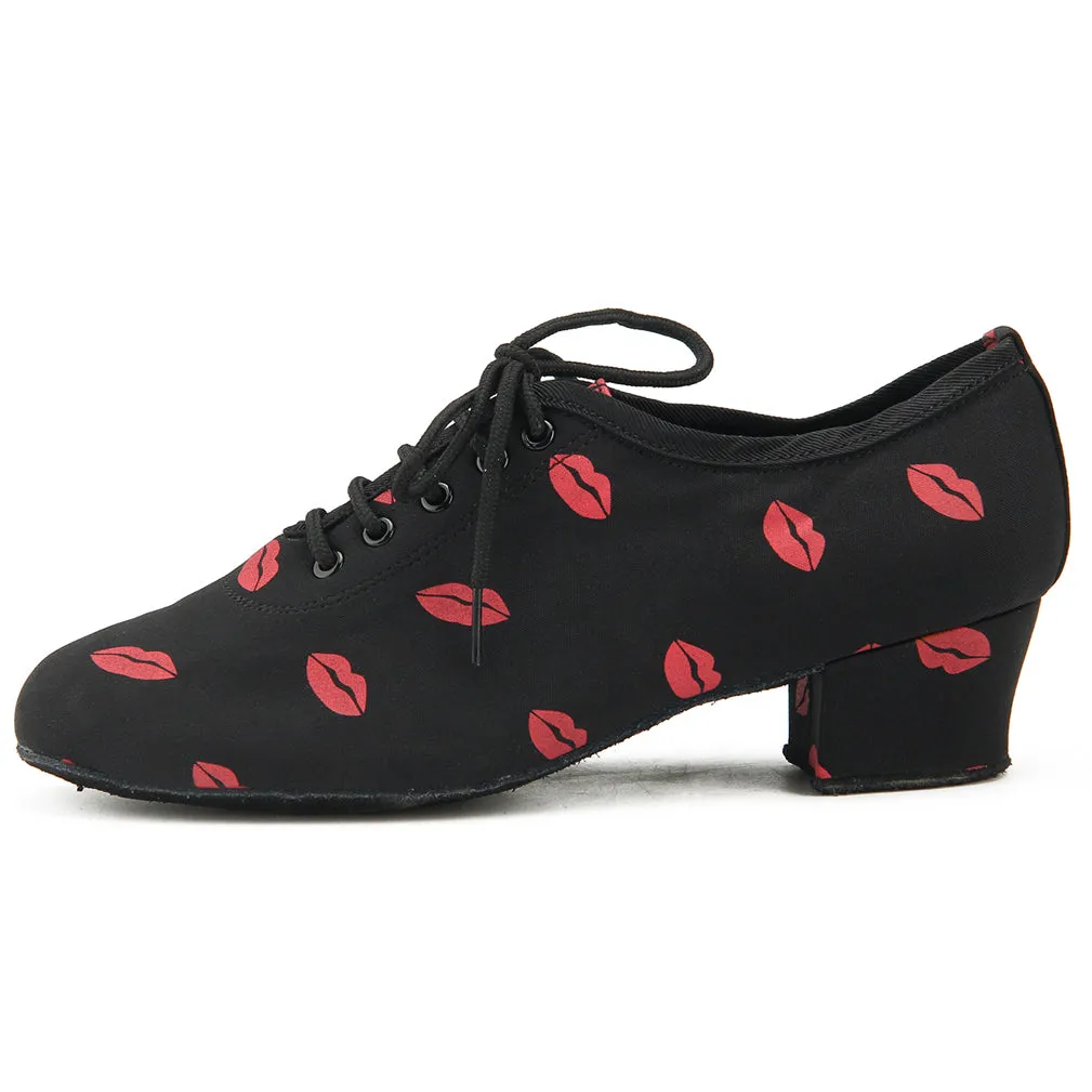 Women Ballroom Dancing Shoes Ladies Tango Latin Practice Dance Shoe Suede Sole Lace-up Closed-toe Black and Red