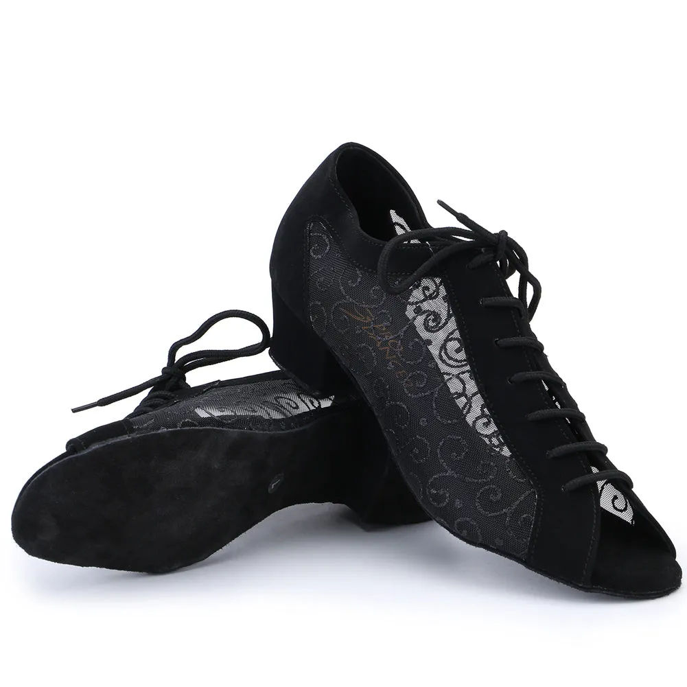 Women Ballroom Dancing Shoes Ladies Tango Latin Practice Dance Shoe Suede Sole Lace-up Open-toe Black