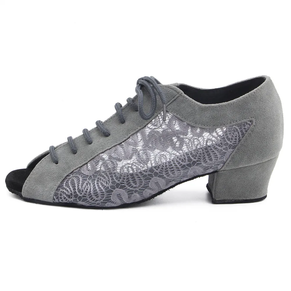 Women Ballroom Dancing Shoes Ladies Tango Latin Practice Dance Shoe Suede Sole Lace-up Open-toe Gray