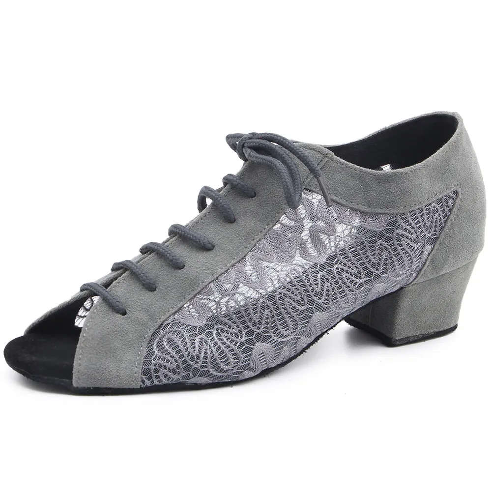 Women Ballroom Dancing Shoes Ladies Tango Latin Practice Dance Shoe Suede Sole Lace-up Open-toe Gray