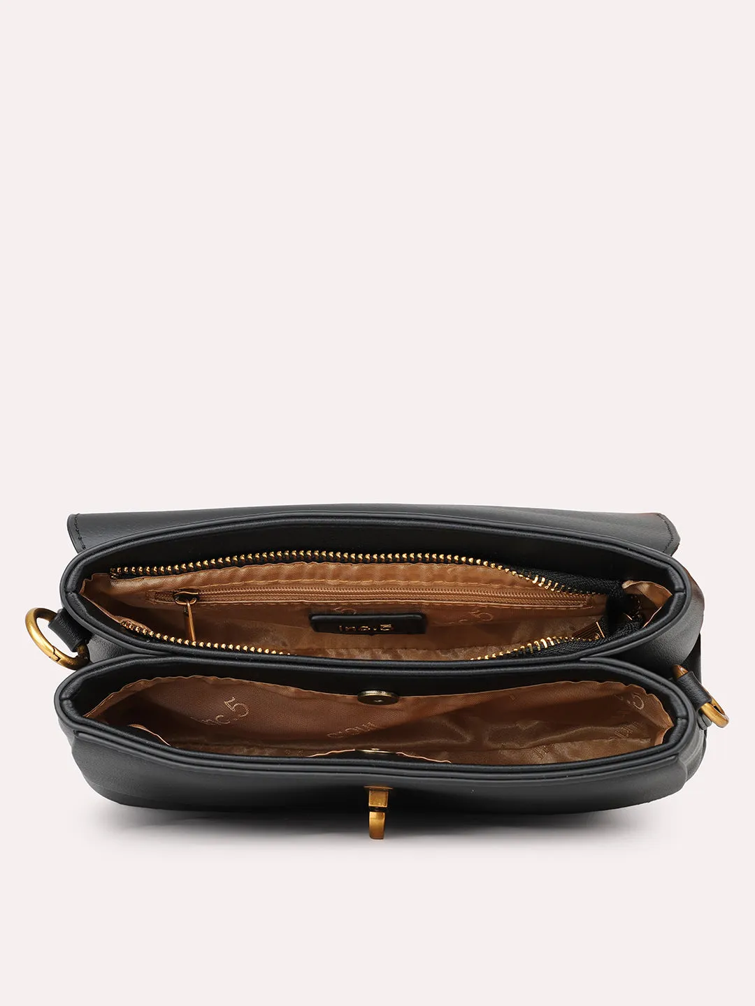 Women Black Solid Structured Sling Bag with Front Lock Detail