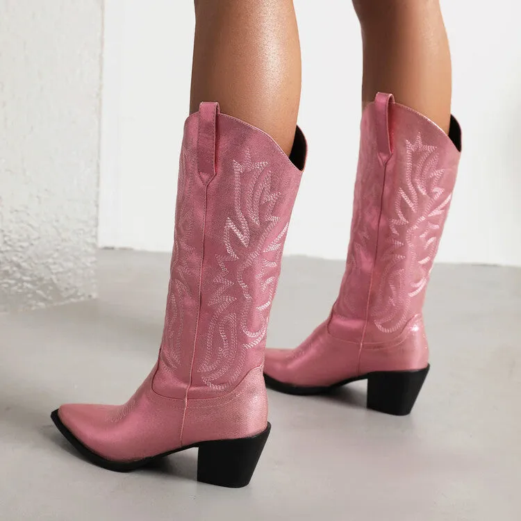 Women's Cowboy Pointed Toe Beveled Heel Embroidery Mid Calf Western Boots