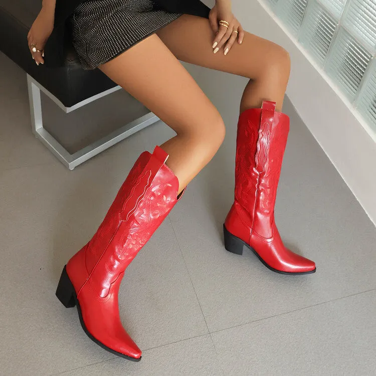 Women's Cowboy Pointed Toe Beveled Heel Mid Calf Western Boots