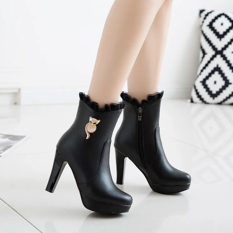 Women's Pu Leather Almond Toe Lace Side Zippers Rhinestone Block Chunky Heel Platform Short Boots