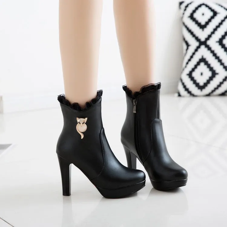 Women's Pu Leather Almond Toe Lace Side Zippers Rhinestone Block Chunky Heel Platform Short Boots