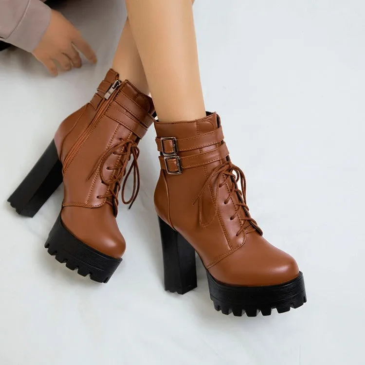 Women's Pu Leather Almond Toe Lace Up Buckle Straps Block Chunky Heel Platform Ankle Boots