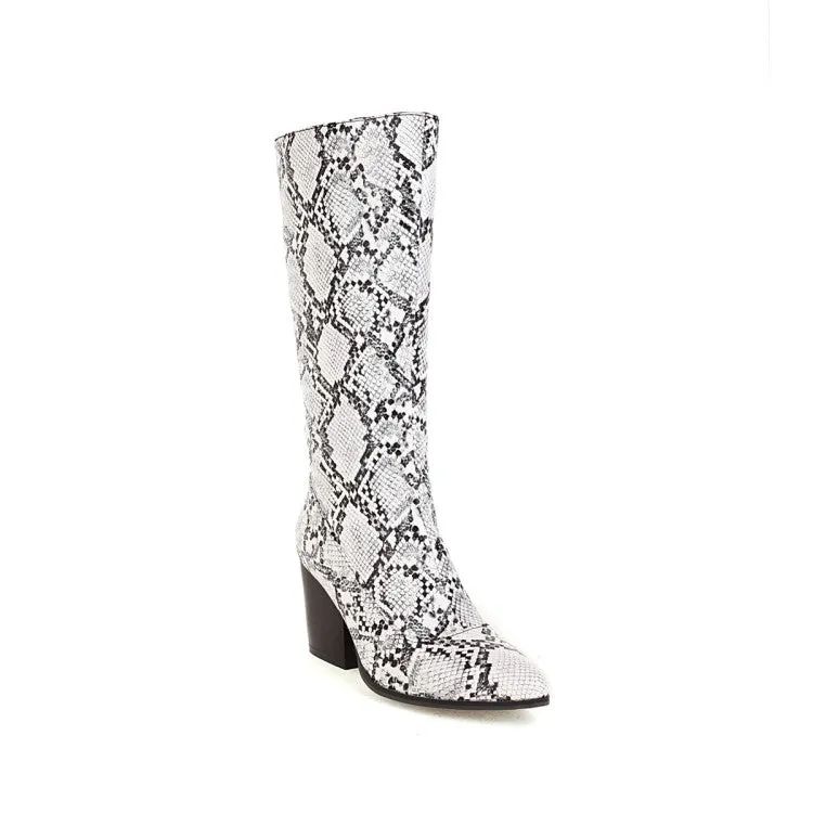 Women's Snake Printed Pointed Toe Side Zippers Block Chunky Heel Mid-Calf Boots