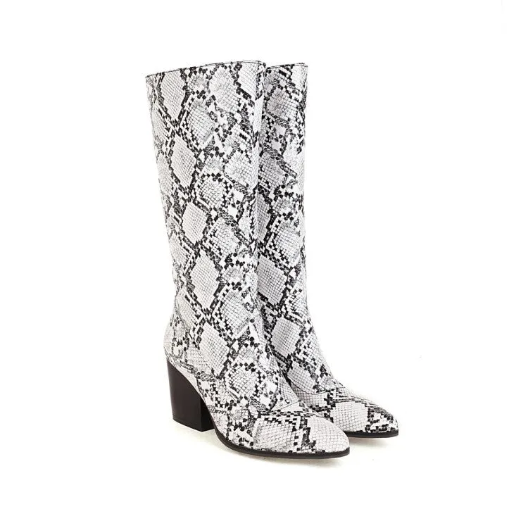 Women's Snake Printed Pointed Toe Side Zippers Block Chunky Heel Mid-Calf Boots